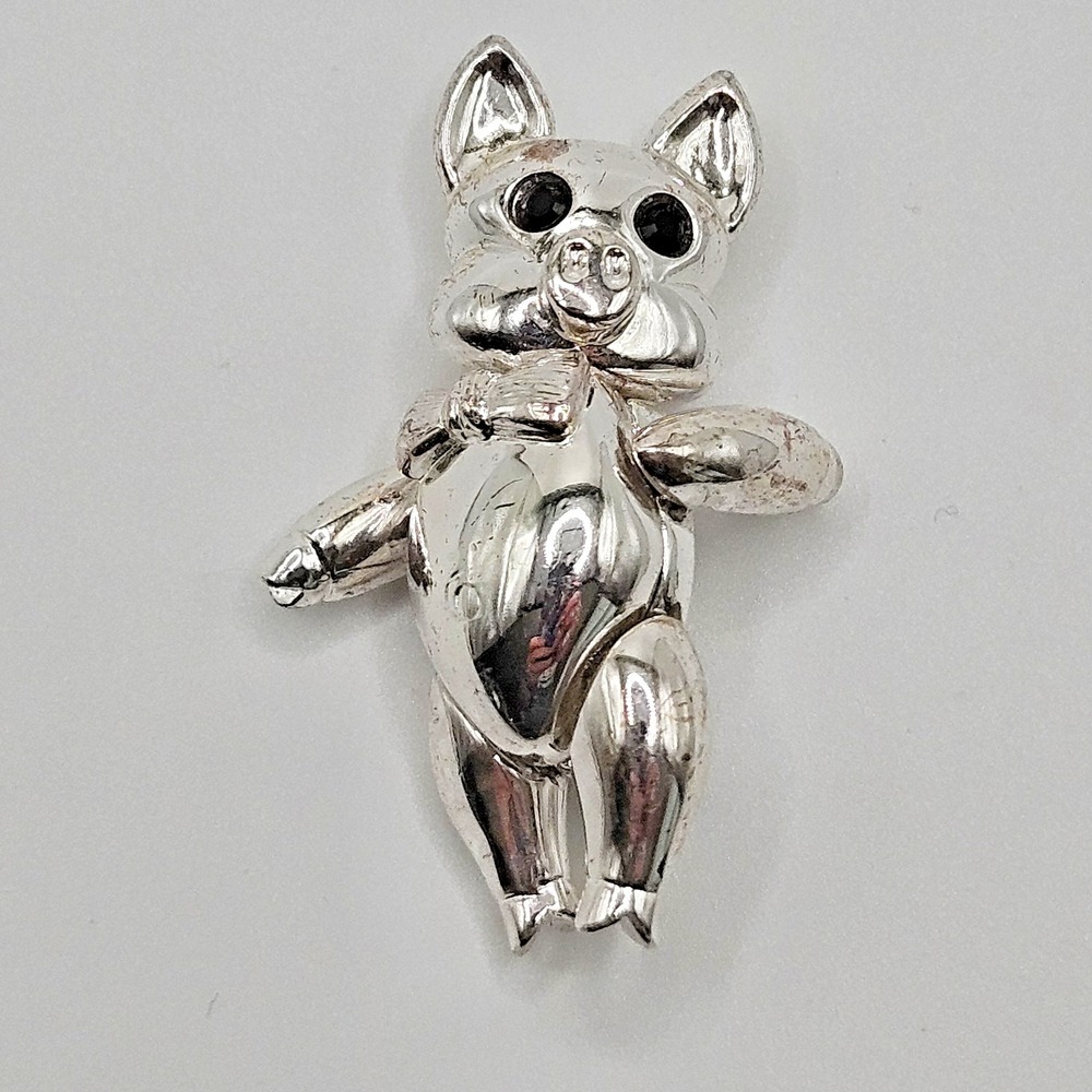 Napier Articulated Pig Brooch Pin Silver Tone Rhinestone Eyes Hard to Find